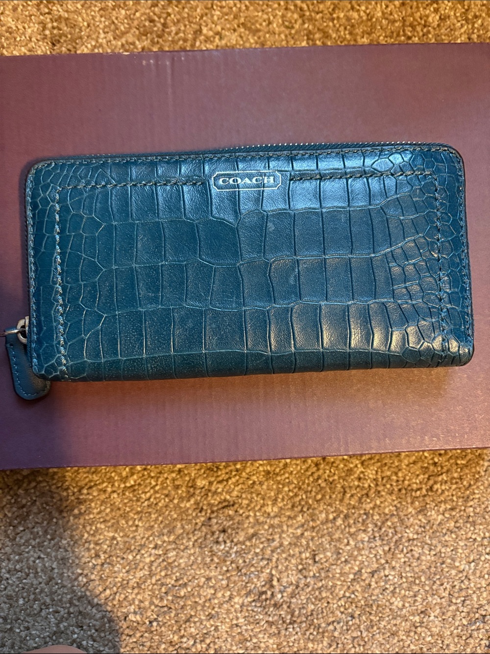 Coach Teal Croc-Embossed Zip Wallet